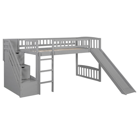 Loft Stairway Bed With 2 Drawers, Convertible Ladder And Slide
