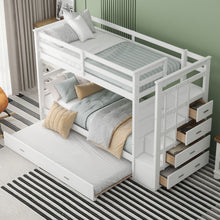 Load image into Gallery viewer, Twin Over Twin Bunk Bed With Trundle And Staircase - White