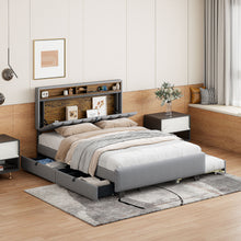 Load image into Gallery viewer, Upholstered Platform Bed With Storage Headboard, Trundle & 2 Drawers And A Set Of Sockets & USB Ports