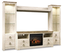 Load image into Gallery viewer, Willowton - Entertainment Center - TV Stand With Faux Firebrick Fireplace Insert - Whitewash