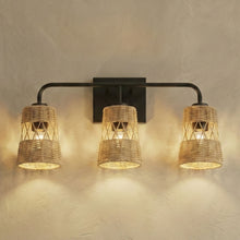 Load image into Gallery viewer, Moonlit - 3 Lights Wall Sconce With Shade, Bathroom Lighting Fixtures Over Mirror - Black / Rattan