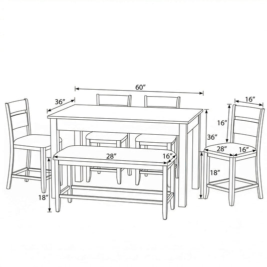 6 Piece Dining Set With Table, Chairs And Bench - Brown