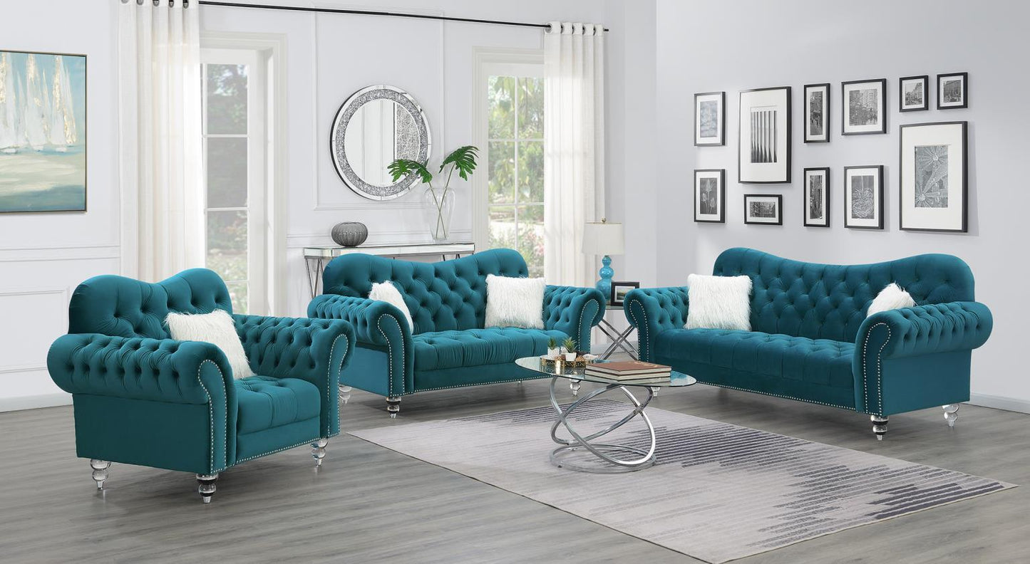 U215 - Loveseat With Two Fur Pillows & Acrylic Legs - Turquoise
