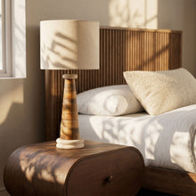 Load image into Gallery viewer, Palea - Mango Wood Base And Linen Textured Fabric Shade Table Lamp - Travertine / Natural