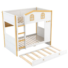 Load image into Gallery viewer, Bunk Bed With House Shaped Guardrails, Storage Shelves, And Trundle