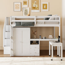 Load image into Gallery viewer, Loft Bed With Stairs, Bookshelf, Drawers, Desk & Wardrobe, Space Saving Multifunctional Furniture