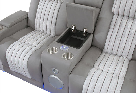 U8000 - 2 Piece Living Room Set (Power Console Reclining Loveseat With Power Headrest LED & Bluetooth Speaker, Power Reclining Sofa With Headrest DDT Table Reading Light & LED) - Gray