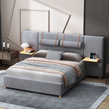 Load image into Gallery viewer, Upholstered Platform Bed, 2 Outlets And USB Charging Ports On Both Sides, 2 Bedside Pillows, Storage Shelves