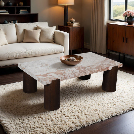 Campania - Marble And Oak Wood Coffee Table - Cream
