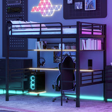 Load image into Gallery viewer, Full Size Loft Bed Frame With Storage Shelf And LED Light - Black