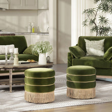 Load image into Gallery viewer, Edward - Round Upholstered Ottoman With Bullion Fringe - Olive Green