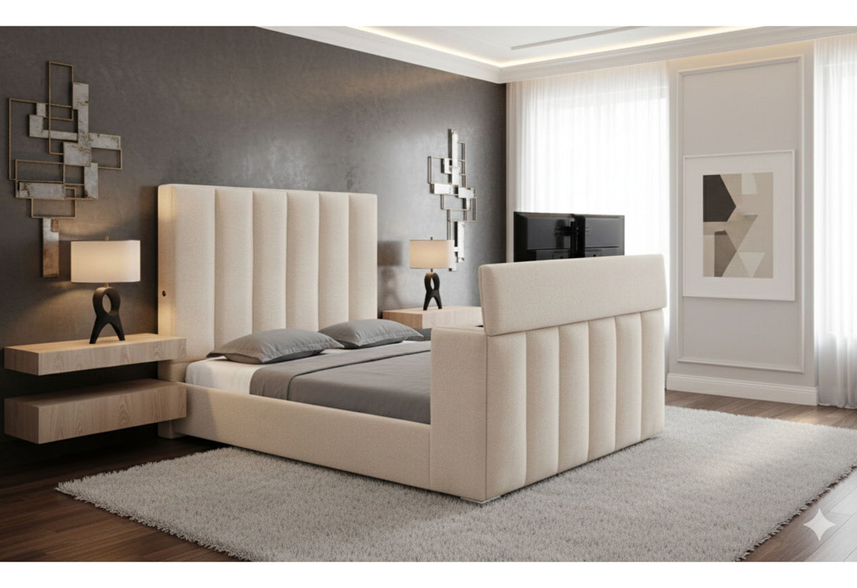 Serenity - King Bed Footboard With TV Lift And Fireplace - Cream