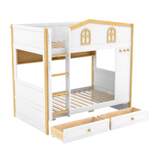 Load image into Gallery viewer, Twin Over Twin Bunk Bed With House Shaped Guardrails, Storage Shelves & Drawers - White / Natural