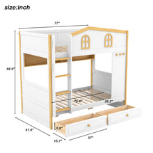 Load image into Gallery viewer, Twin Over Twin Bunk Bed With House Shaped Guardrails, Storage Shelves & Drawers - White / Natural
