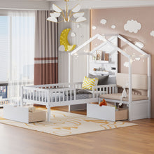 Load image into Gallery viewer, House Bed With Upholstered Sofa, Wireless Charging Station, Shelves And 2 Drawers