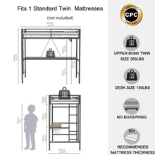 Load image into Gallery viewer, Adam - Twin Loft Bunk Bed With Cinnamon Wood Desk And Closet Rod - Black
