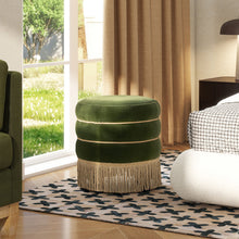 Load image into Gallery viewer, Edward - Round Upholstered Ottoman With Bullion Fringe - Olive Green