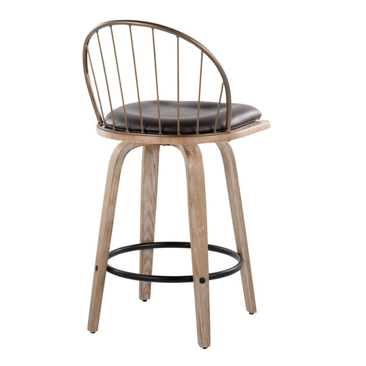 Riley - Farmhouse Fixed Height Counter Stool Round Footrest With Removable Cushion (Set of 2) - White Washed / Antique Copper / Brown - Ego Home Furniture
