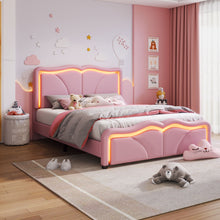 Load image into Gallery viewer, Upholstered Platform Bed & Curve Shaped And Height Adjustable Headboard, LED Light Strips