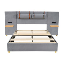 Load image into Gallery viewer, Upholstered Platform Bed, 2 Outlets And USB Charging Ports On Both Sides, 2 Bedside Pillows, Storage Shelves