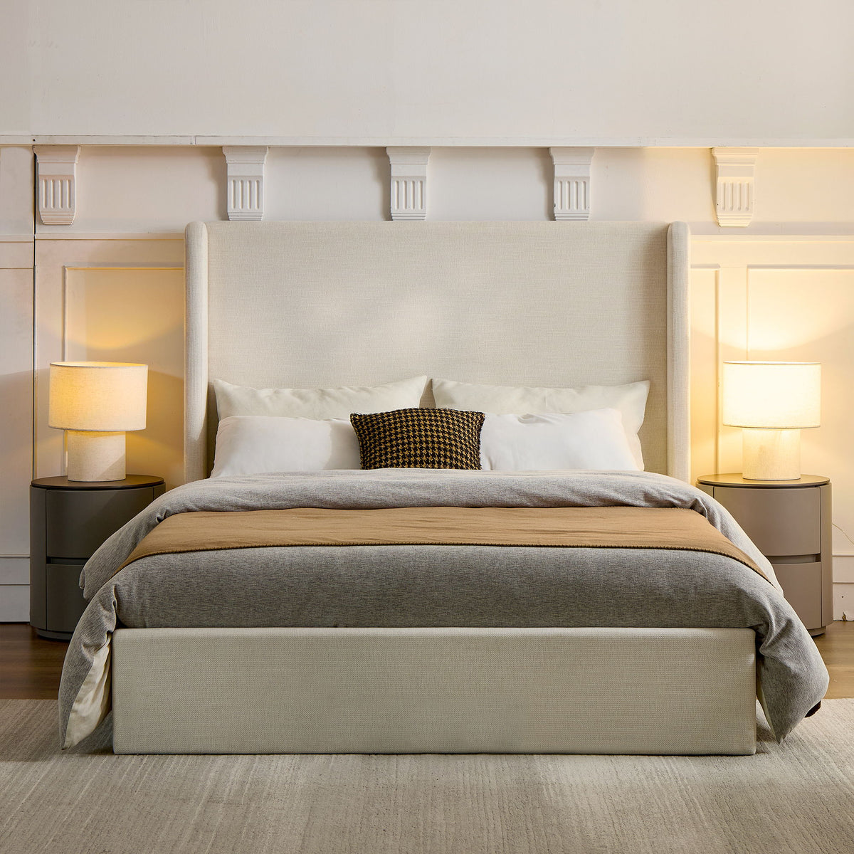 Caron - King Size Upholstered Wingback Bed With High Headboard - Ivory - Ego Home Furniture