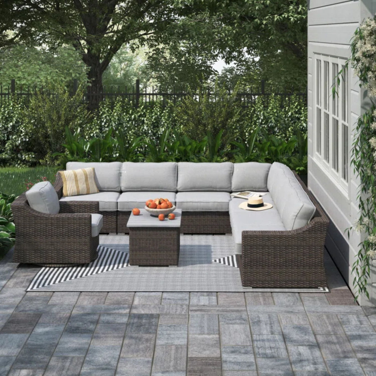 Outdoor 7 Person Wicker Sectional Set With Cushions - Gray Mix