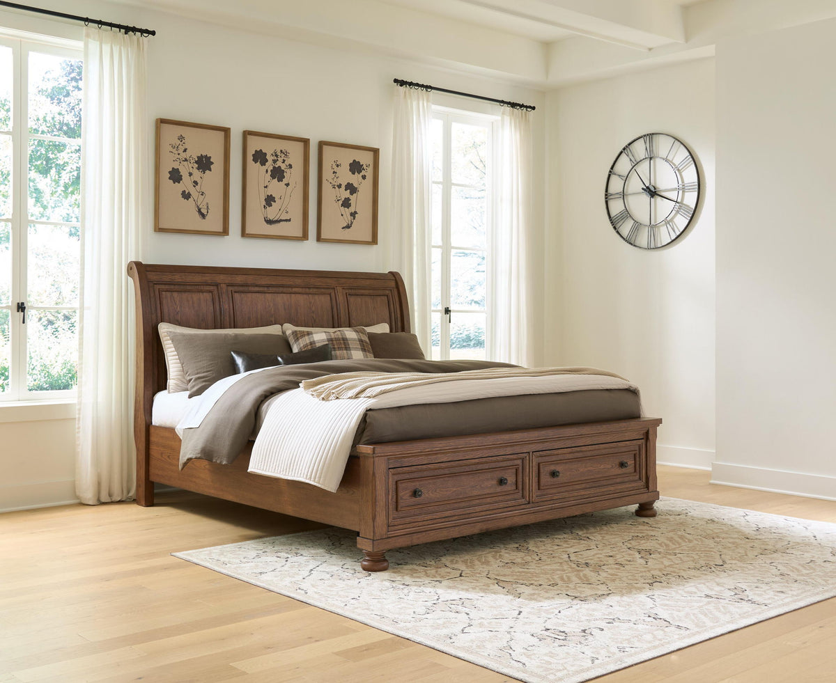Zackaryn - King Sleigh Storage Bed - Warm Brown