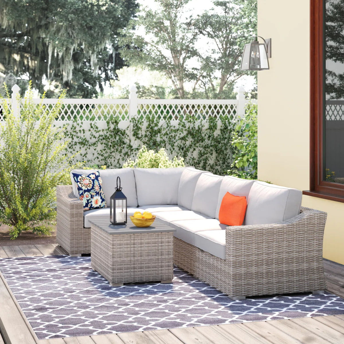 Wicker Outdoor Seating Set With Curved Arms, Plush Cushions, 4 Person - Gray Mix