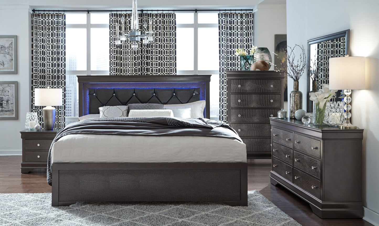Pompei - Queen Bed Headboard With LED And Footboard - Metallic Gray