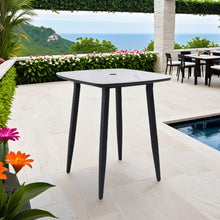 Load image into Gallery viewer, Outdoor Bar Table, Rounded Square Sintered Stone Top With Umbrella Hole, Rust Free Frame, Weatherproof - Ember Black / White