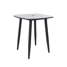 Load image into Gallery viewer, Outdoor Bar Table, Rounded Square Sintered Stone Top With Umbrella Hole, Rust Free Frame, Weatherproof - Ember Black / White