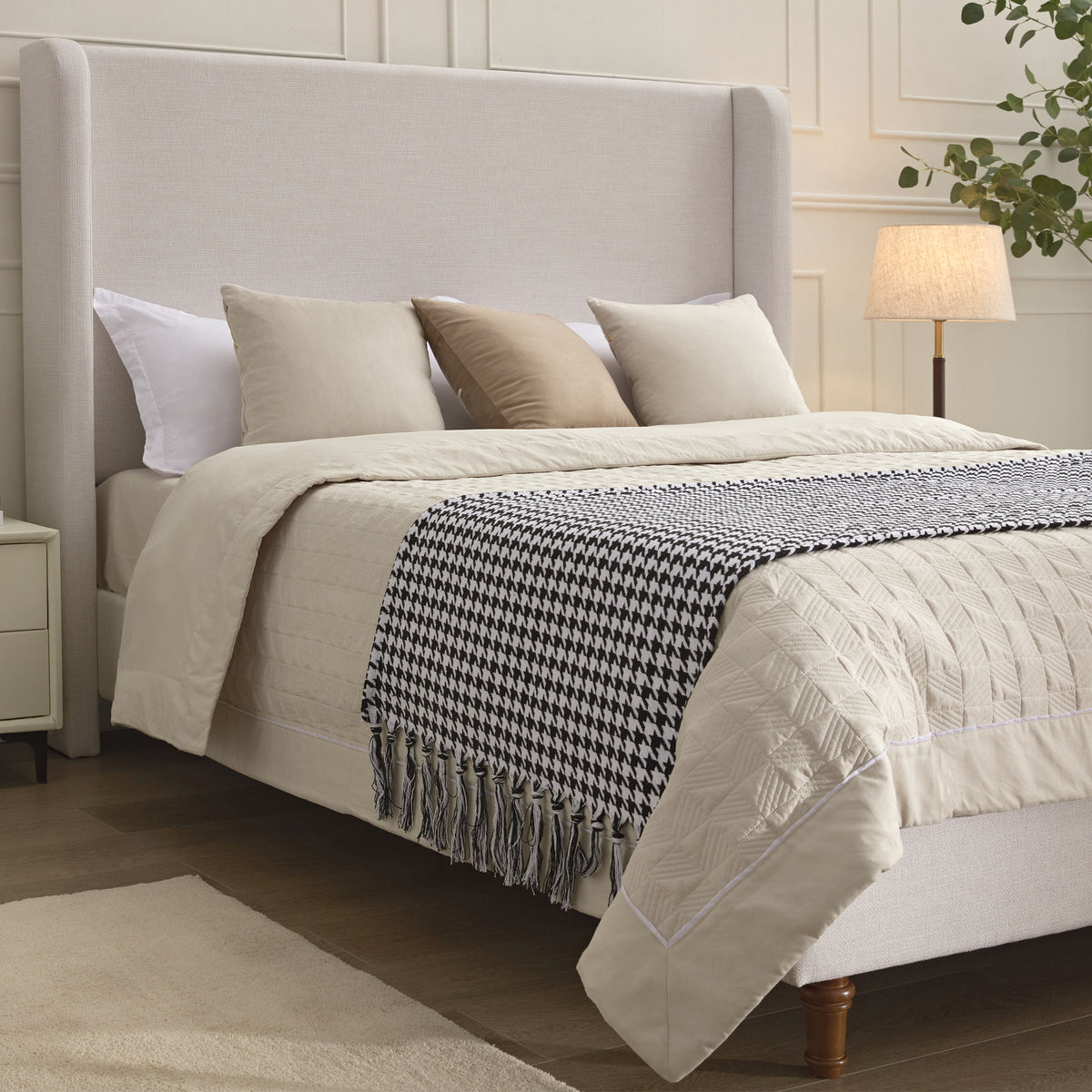 Hayden - King Size Upholstered Wingback Bed With And Tall 54" Headboard - Ivory - Ego Home Furniture