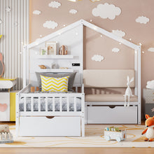 Load image into Gallery viewer, House Bed With Upholstered Sofa, Wireless Charging Station, Shelves And 2 Drawers