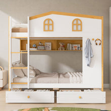 Load image into Gallery viewer, Twin Over Twin Bunk Bed With House Shaped Guardrails, Storage Shelves & Drawers - White / Natural