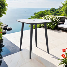 Load image into Gallery viewer, Outdoor Bar Table, Rounded Square Sintered Stone Top With Umbrella Hole, Rust Free Frame, Weatherproof - Ember Black / White