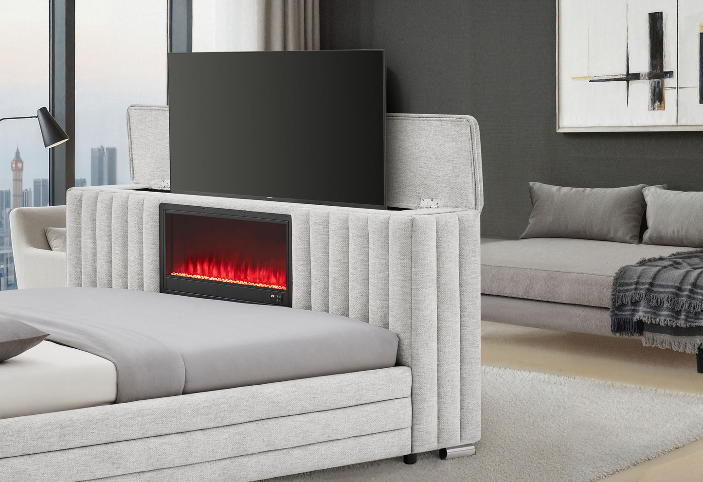 Elias - King Bed With Immersive Sound Speaker, LED, TV Lift, And Fireplace - Gray