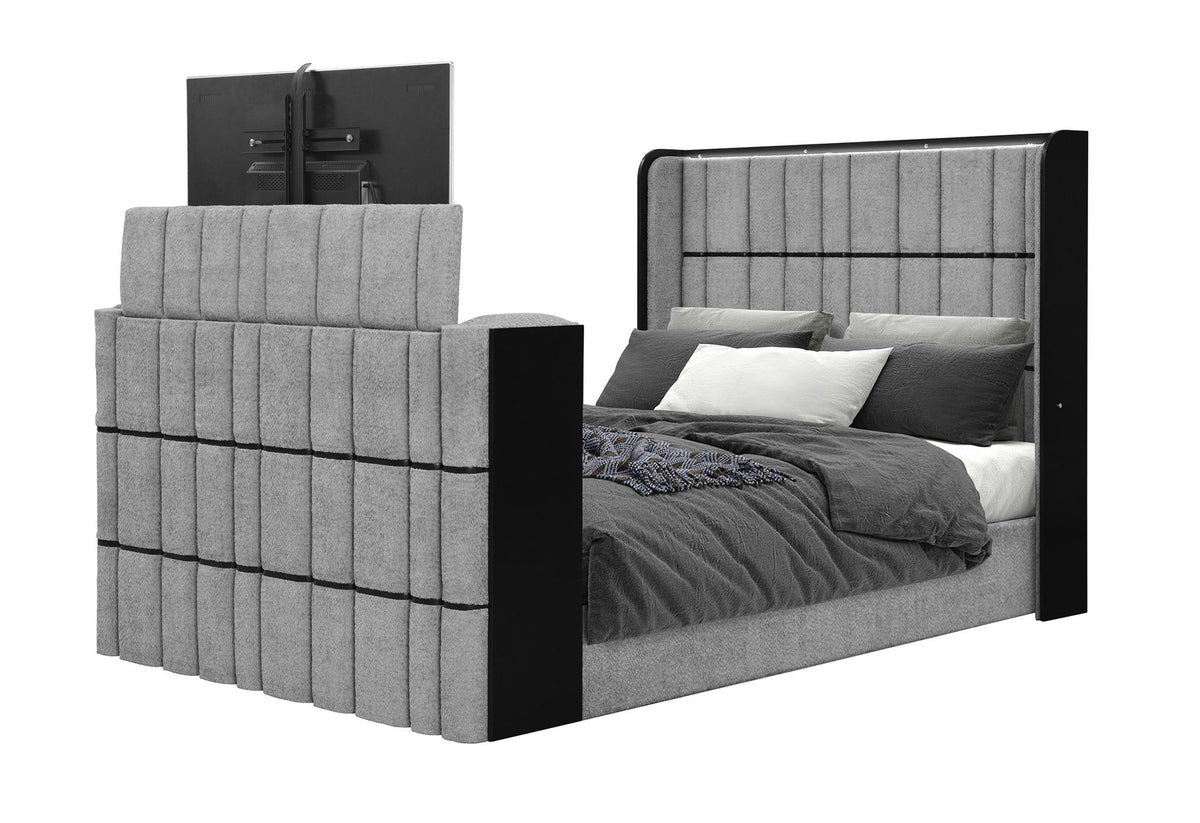 Isabella - Queen Bed Footboard With 50" TV Lift, EU And Bluetooth Speaker - Gray