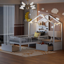 Load image into Gallery viewer, House Bed With Upholstered Sofa, Wireless Charging Station, Shelves And 2 Drawers