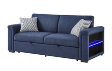 Load image into Gallery viewer, U0211 - Pull Out Sofa Bed With Wooden Bookcase Arm With LED Acrylic Shelves And Speakers - Navy