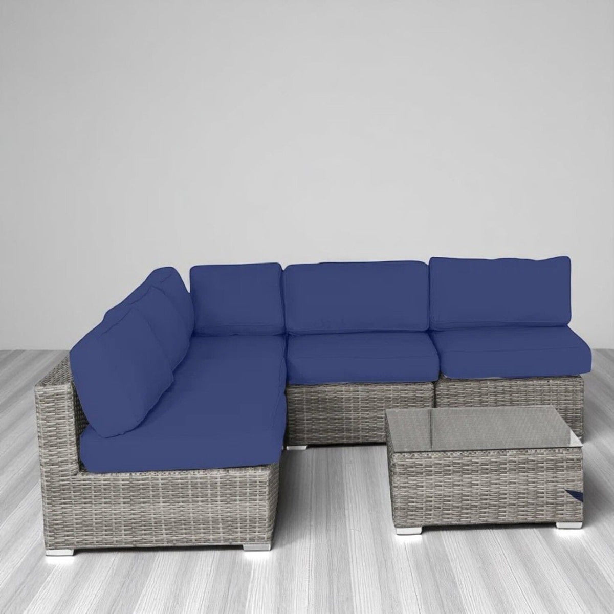6 Piece Wicker Patio Furniture Set With Cushions, All Weather - Gray Mix / Navy Blue