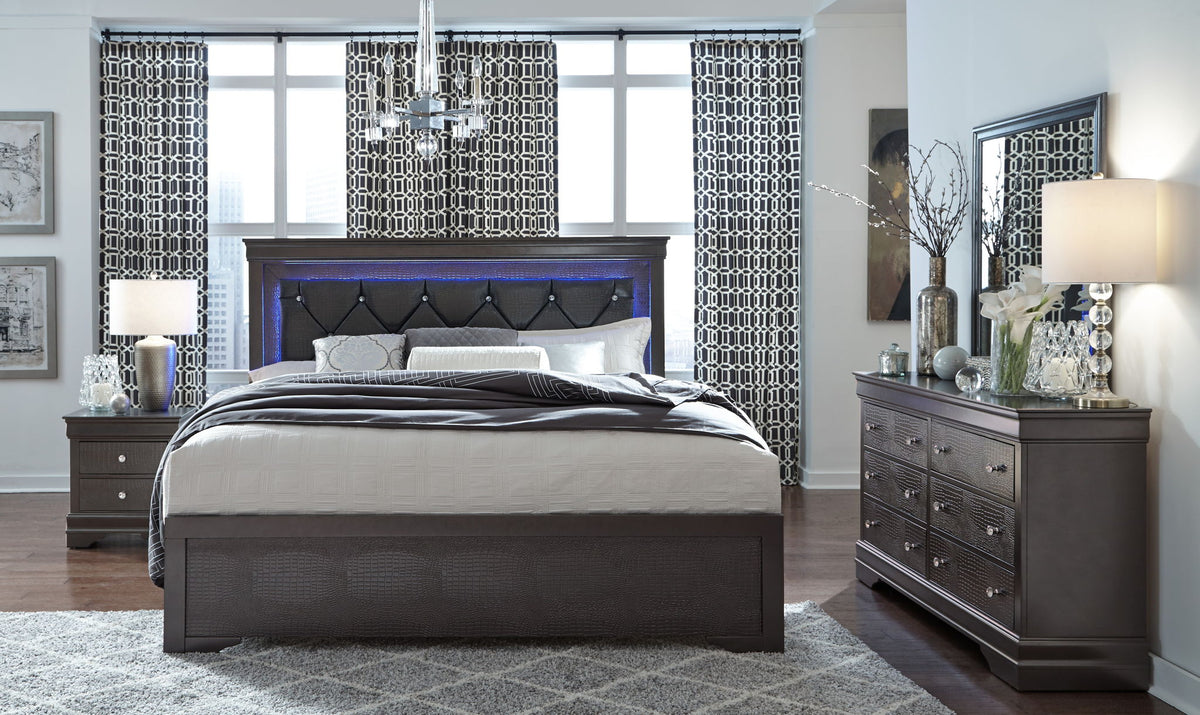 Pompei - King Bed Headboard With LED And Footboard - Metallic Gray