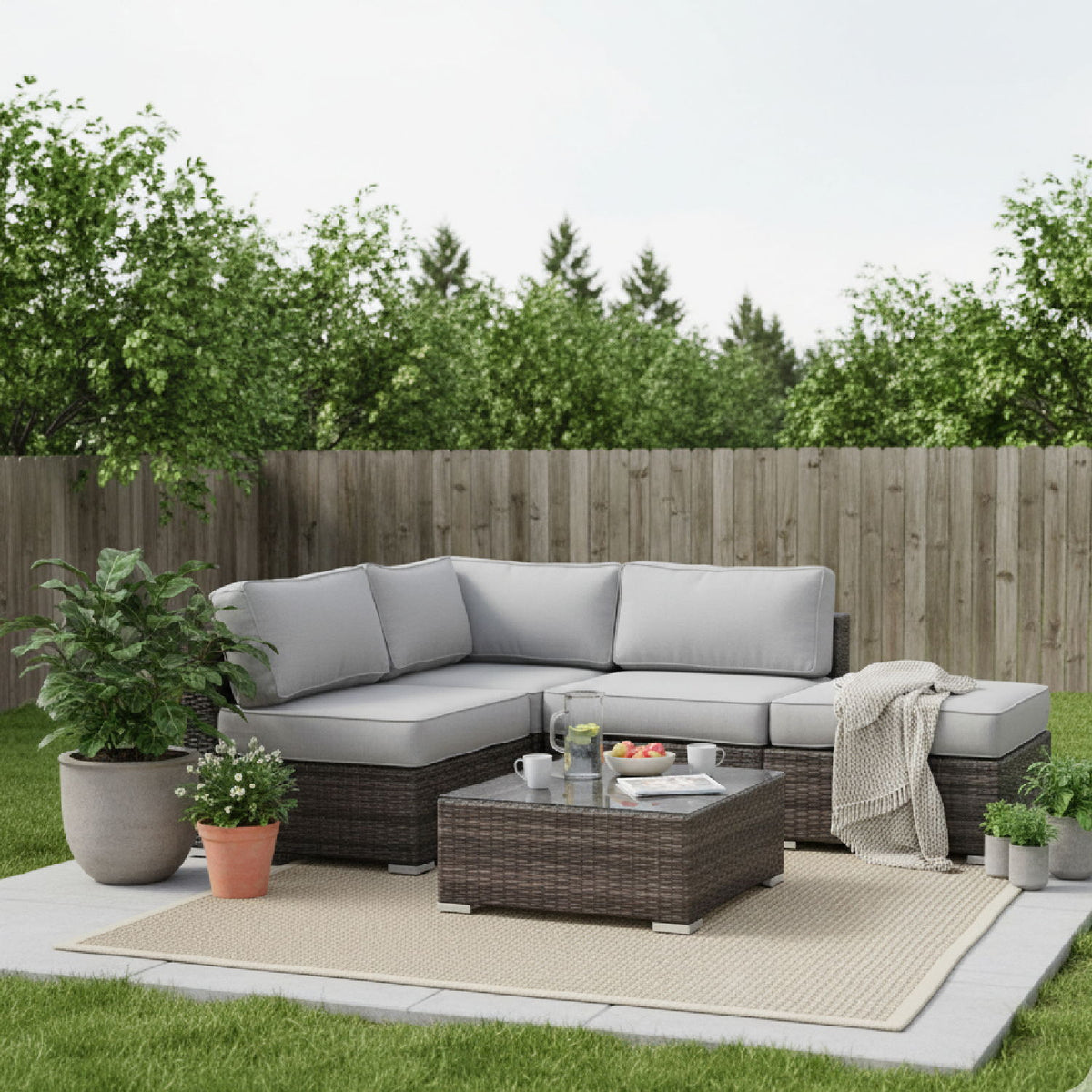 Wicker 3 Piece Seating Group With Plush Cushions, Sofa, Ottoman, And Glass Coffee Table - Brown