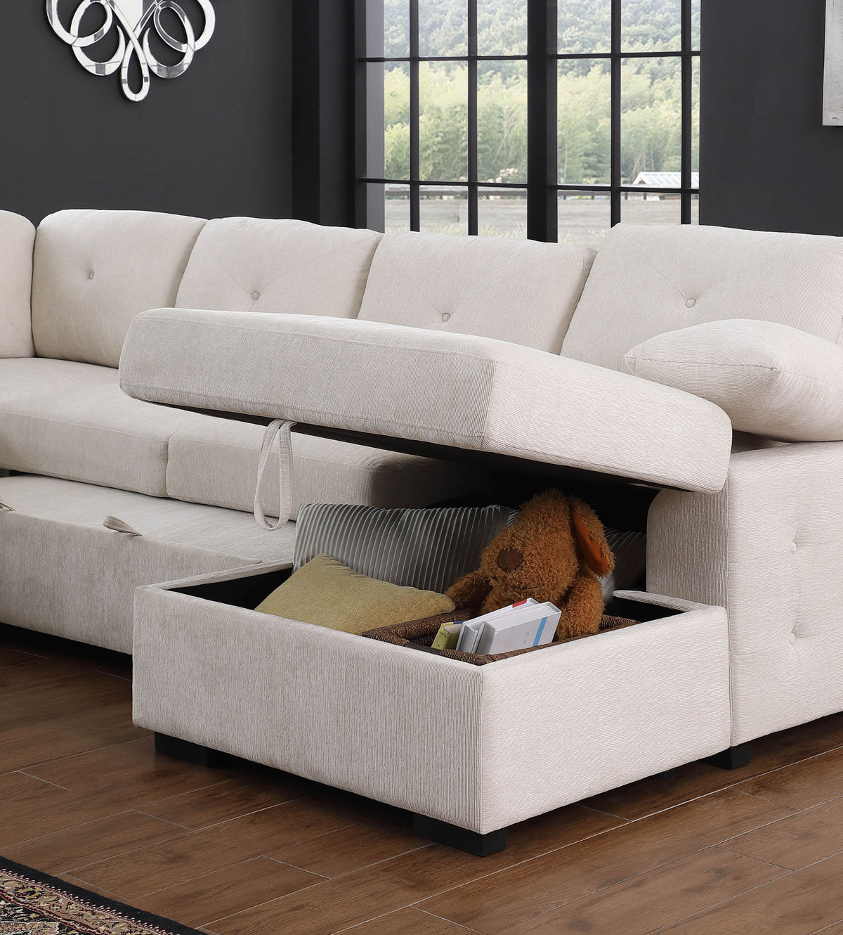 Nyhan - Upholstered Corner Sectional With Pull Out Loveseat And Storaged Chaise - Beige