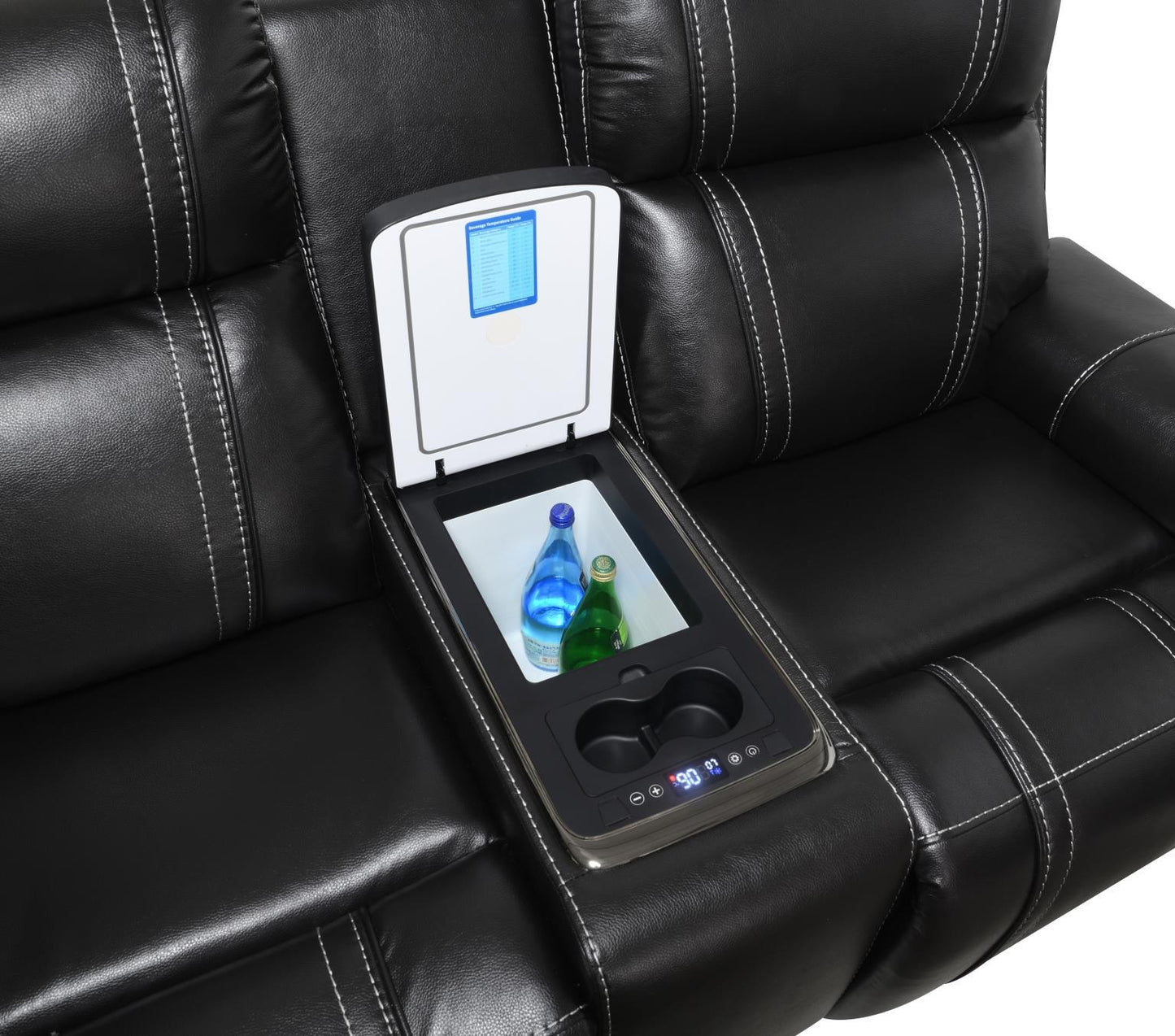 U68 - LED Power Reclining Loveseat With Console & Fridge,Wireless Charger, With Vibrator Arms - Black