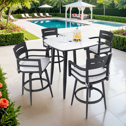 5 Pieces Outdoor Patio Bar Set, Rounded Square Sintered Stone Table & 4 Swivel Bar Chairs
