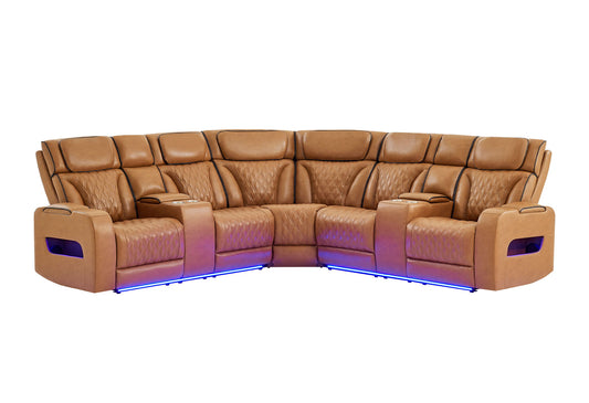 U8611 - Sectional With Power Headrest, Continuous LED And Speaker - Brown