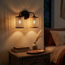 Load image into Gallery viewer, Quell - Double Light Vanity With Natural Shade Wall Lamp - Black / Rattan
