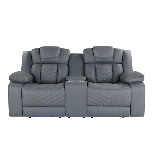 Raize - 10 Power Console Reclining Loveseat With LED And Immersive Sound - Gray