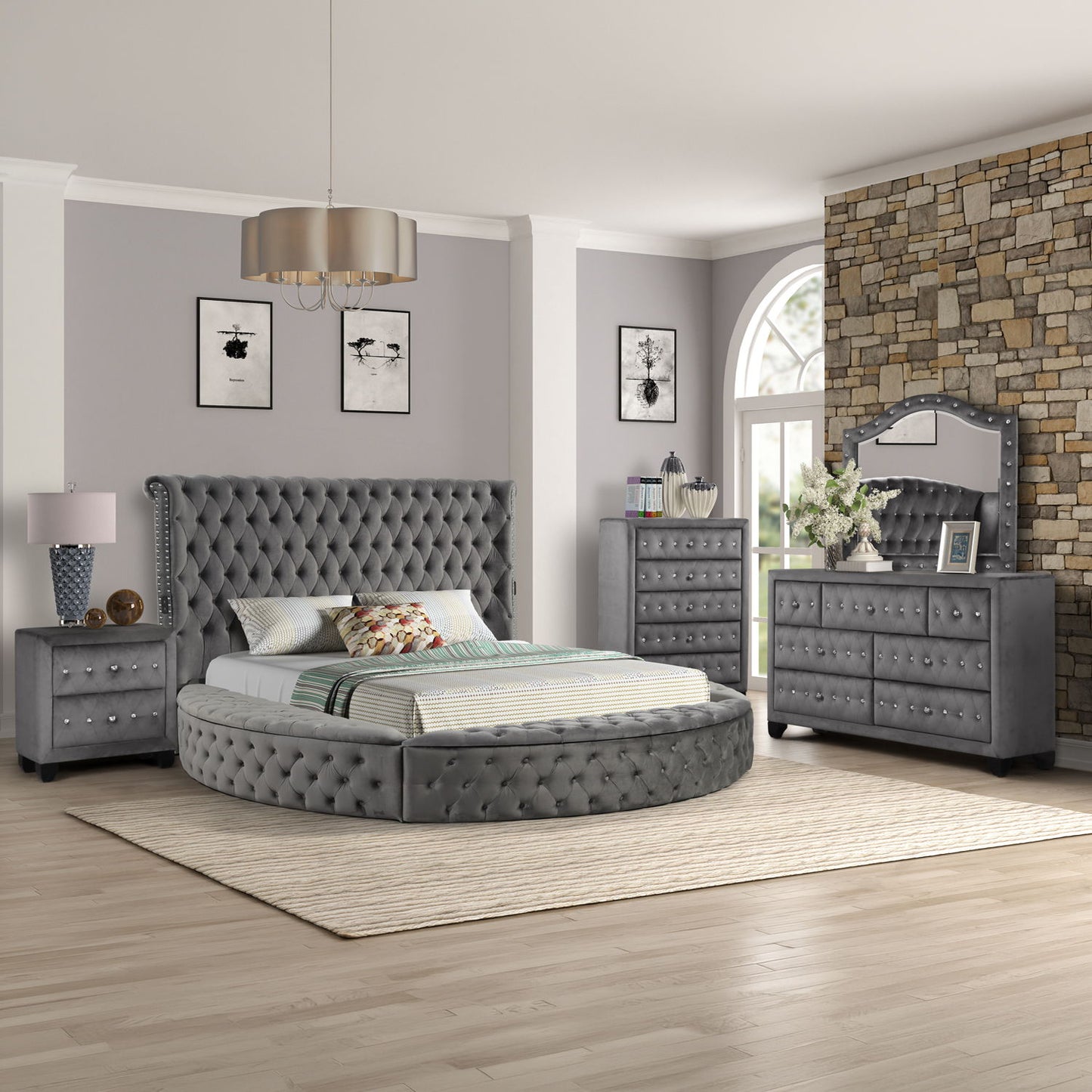 Hazel - 5 Piece Queen Tufted Bedroom Set - Gray
