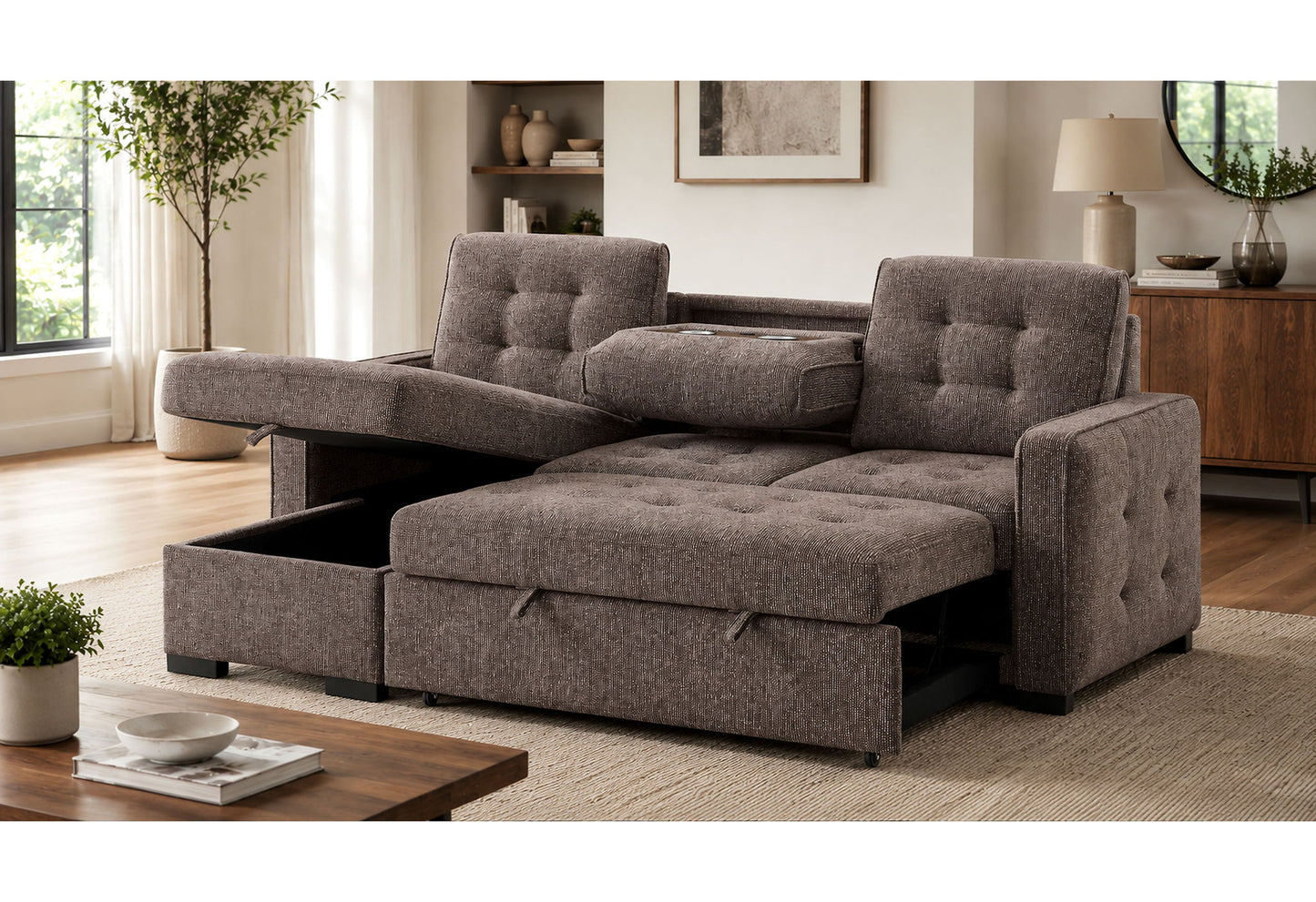 U0707 - Sofa Bed Reversible Chaise - Brown